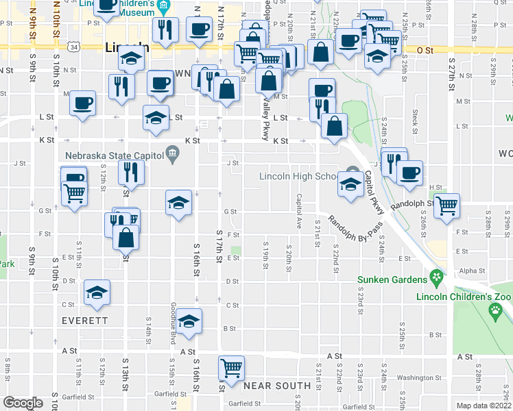 map of restaurants, bars, coffee shops, grocery stores, and more near 1834 G Street in Lincoln