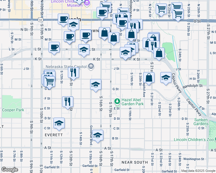 map of restaurants, bars, coffee shops, grocery stores, and more near 1637 G Street in Lincoln