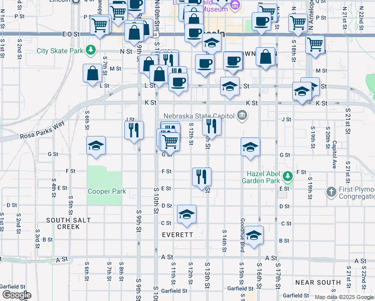 map of restaurants, bars, coffee shops, grocery stores, and more near 1114 G Street in Lincoln