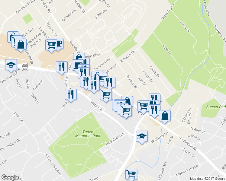 map of restaurants, bars, coffee shops, grocery stores, and more near 1498 North Atherton Street in State College