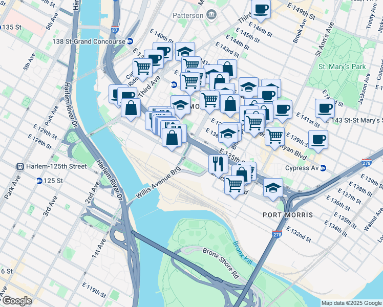 map of restaurants, bars, coffee shops, grocery stores, and more near 128 Willis Avenue in The Bronx