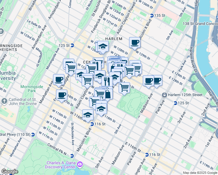 map of restaurants, bars, coffee shops, grocery stores, and more near 241 Lenox Avenue in New York