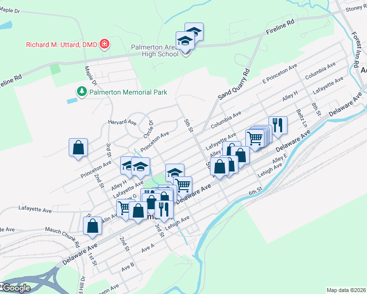 map of restaurants, bars, coffee shops, grocery stores, and more near 458 Columbia Ave in Palmerton