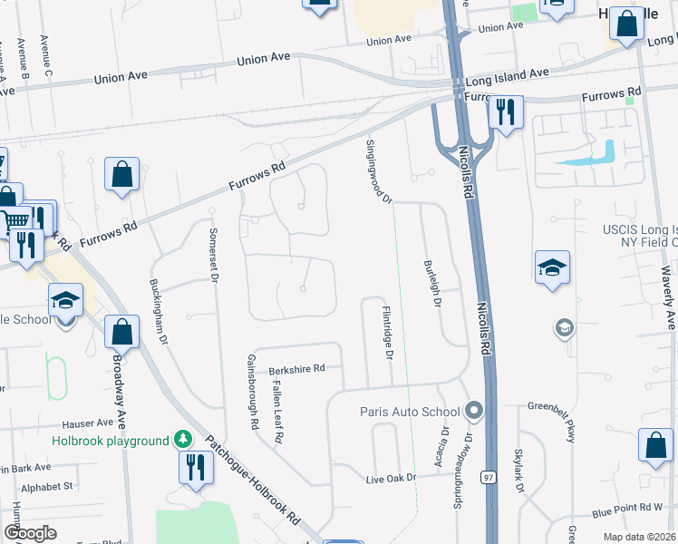 map of restaurants, bars, coffee shops, grocery stores, and more near 142 Colony Drive in Holbrook