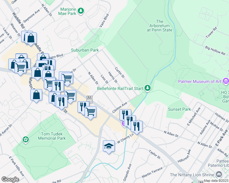map of restaurants, bars, coffee shops, grocery stores, and more near 1337 Linn Street in State College