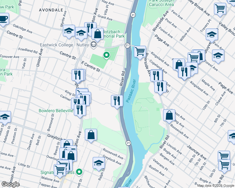 map of restaurants, bars, coffee shops, grocery stores, and more near 82 River Road in Nutley