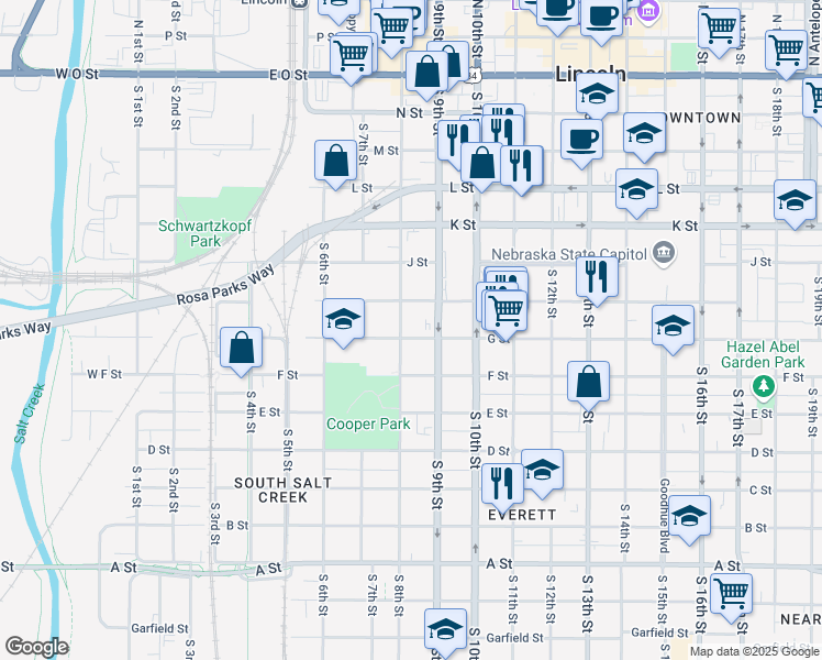 map of restaurants, bars, coffee shops, grocery stores, and more near 808 G Street in Lincoln