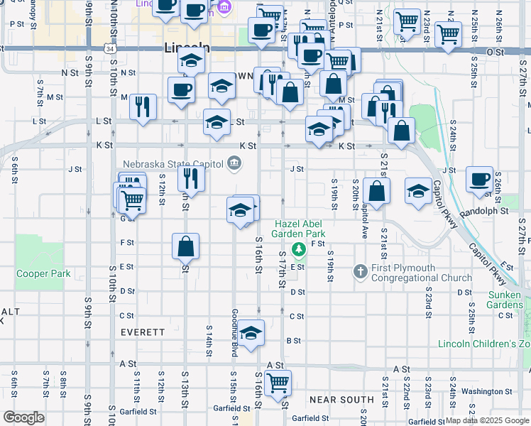 map of restaurants, bars, coffee shops, grocery stores, and more near 720 South 16th Street in Lincoln