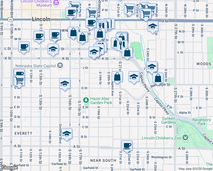 map of restaurants, bars, coffee shops, grocery stores, and more near 1930 G Street in Lincoln