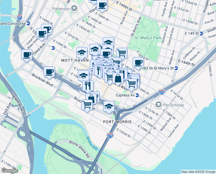 map of restaurants, bars, coffee shops, grocery stores, and more near Saint Anns Avenue & East 137th Street in Bronx