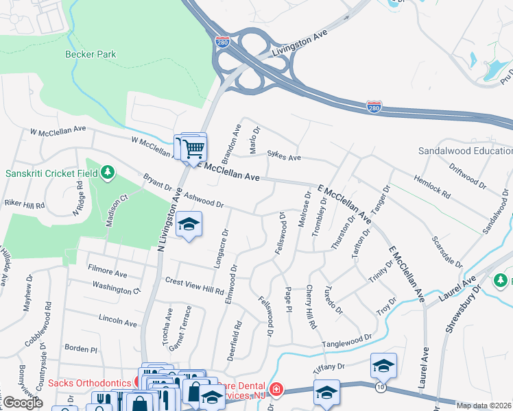 map of restaurants, bars, coffee shops, grocery stores, and more near 6 Redwood Road in Livingston