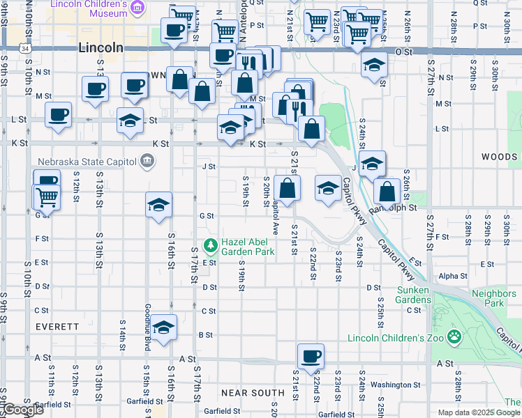 map of restaurants, bars, coffee shops, grocery stores, and more near 1942 G Street in Lincoln