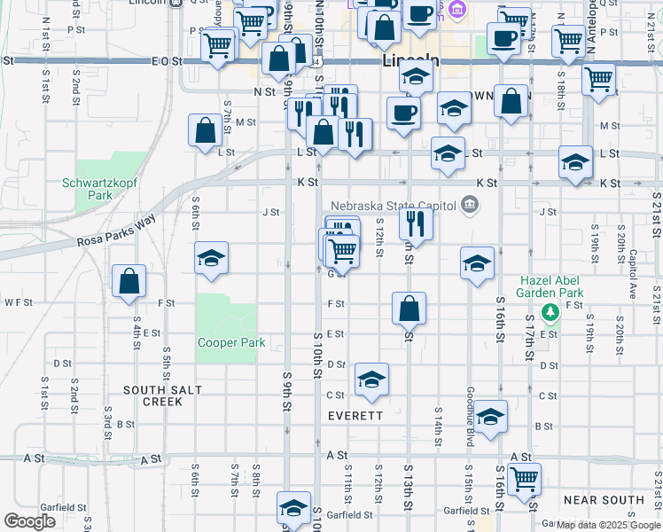 map of restaurants, bars, coffee shops, grocery stores, and more near 1020 G Street in Lincoln