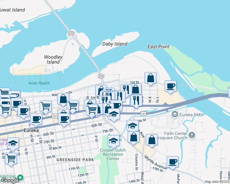 map of restaurants, bars, coffee shops, grocery stores, and more near 1824 2nd Street in Eureka