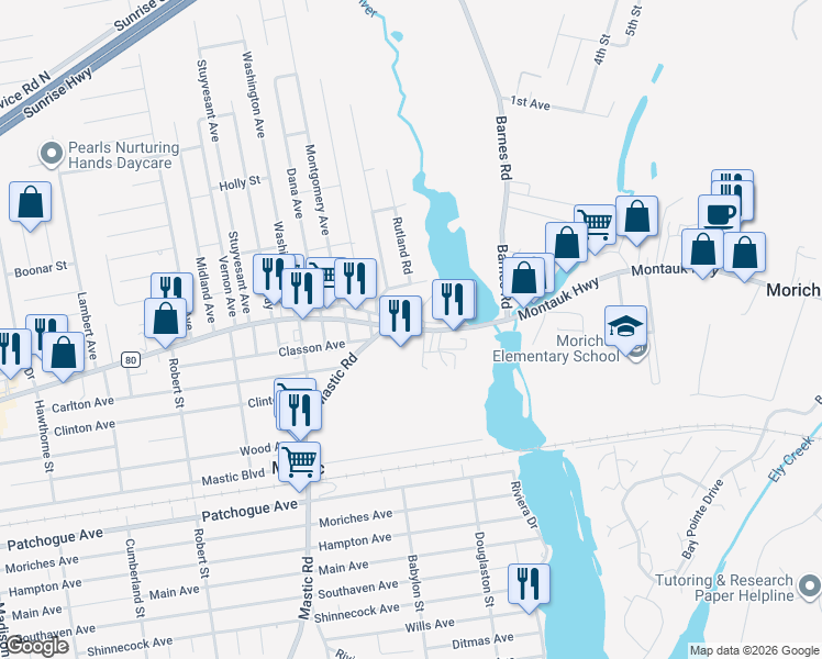 map of restaurants, bars, coffee shops, grocery stores, and more near 1775 Montauk Hwy in Moriches
