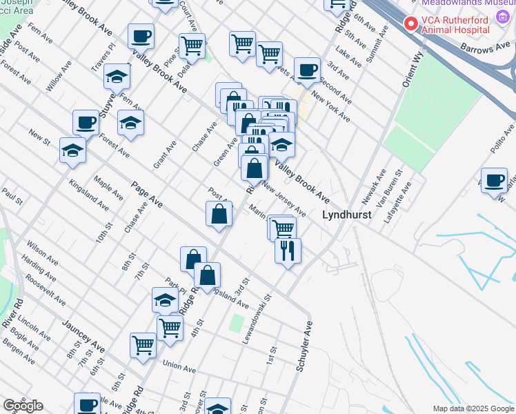 map of restaurants, bars, coffee shops, grocery stores, and more near 617 Marin Avenue in Lyndhurst