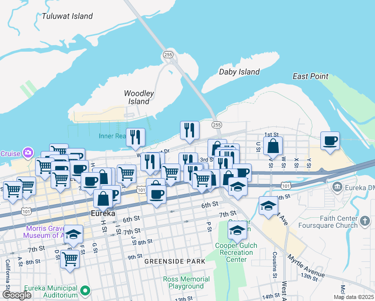map of restaurants, bars, coffee shops, grocery stores, and more near 1410 2nd Street in Eureka