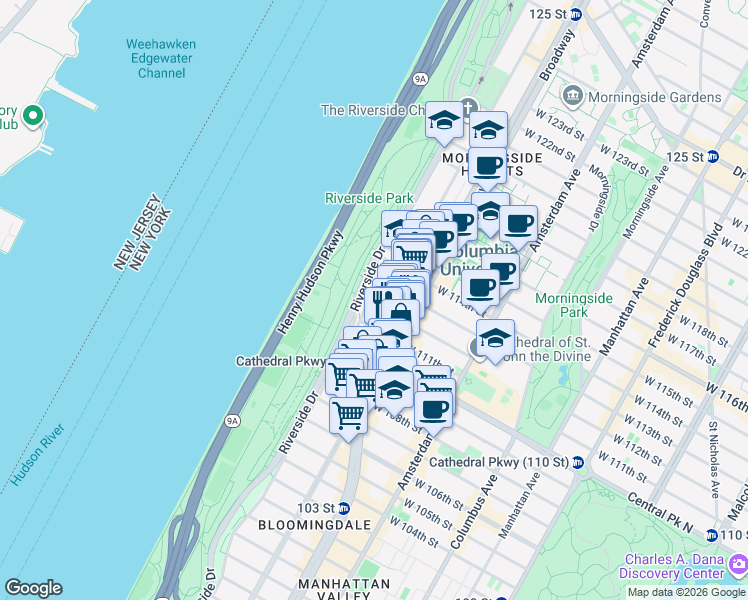 map of restaurants, bars, coffee shops, grocery stores, and more near 400 Riverside Drive in New York
