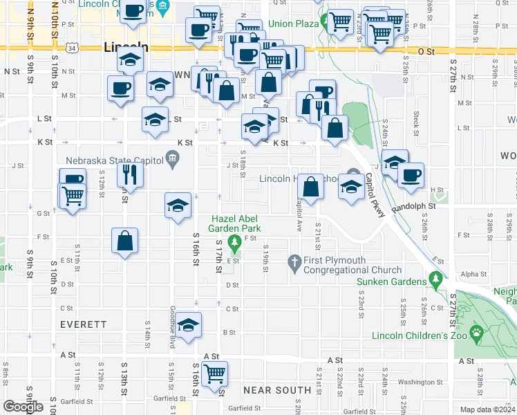 map of restaurants, bars, coffee shops, grocery stores, and more near 1834 G Street in Lincoln