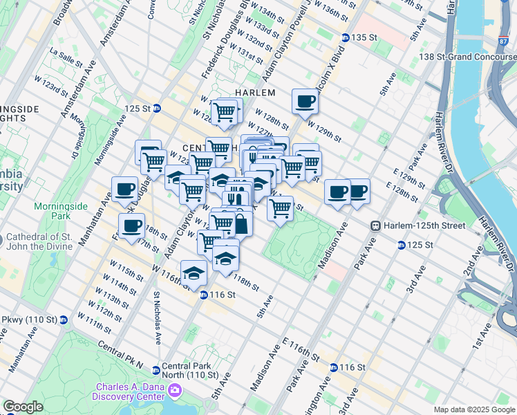 map of restaurants, bars, coffee shops, grocery stores, and more near 38 West 123rd Street in New York