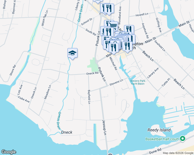 map of restaurants, bars, coffee shops, grocery stores, and more near 5 Oneck Road in Westhampton Beach