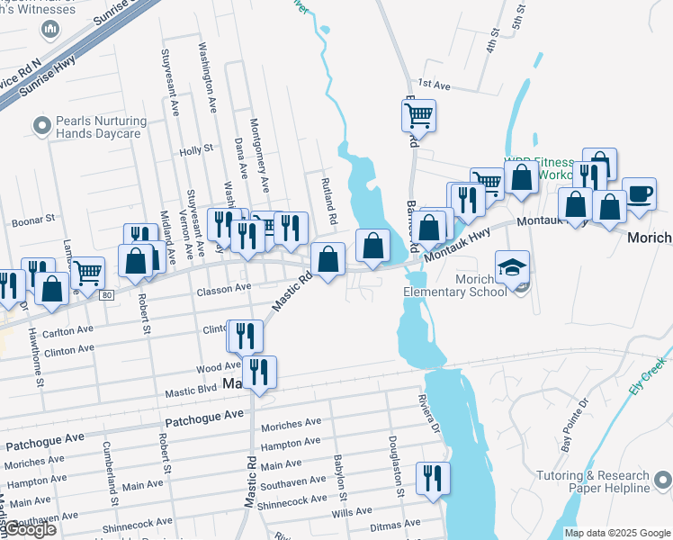 map of restaurants, bars, coffee shops, grocery stores, and more near 1763 Montauk Highway in Mastic