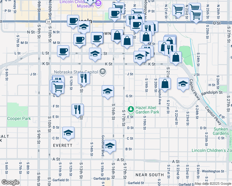 map of restaurants, bars, coffee shops, grocery stores, and more near 720 South 16th Street in Lincoln