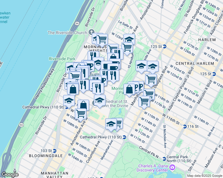 map of restaurants, bars, coffee shops, grocery stores, and more near 420 West 116th Street in New York