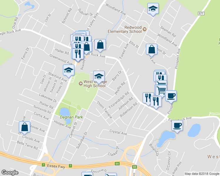map of restaurants, bars, coffee shops, grocery stores, and more near 12 Holmes Street in West Orange