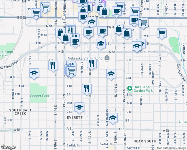 map of restaurants, bars, coffee shops, grocery stores, and more near 1300 G Street in Lincoln
