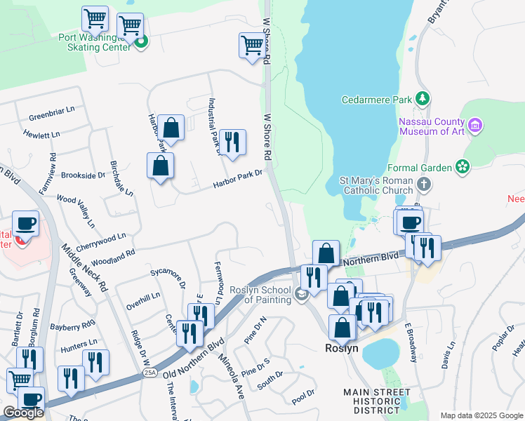 map of restaurants, bars, coffee shops, grocery stores, and more near 10 John Bean Court in Port Washington