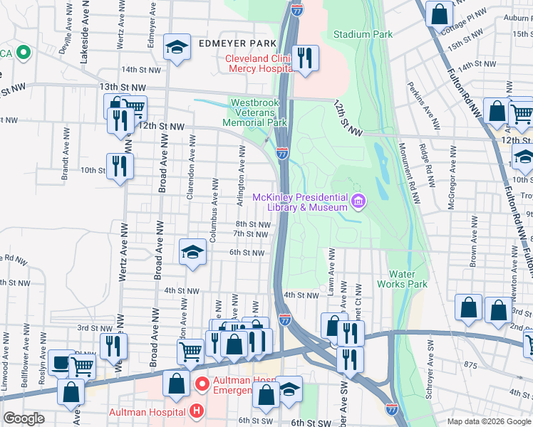 map of restaurants, bars, coffee shops, grocery stores, and more near 810 Smith Avenue Northwest in Canton