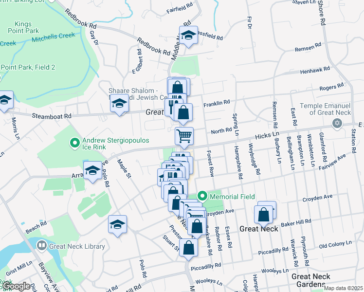 map of restaurants, bars, coffee shops, grocery stores, and more near Middle Neck Road & Arrandale Avenue in Great Neck