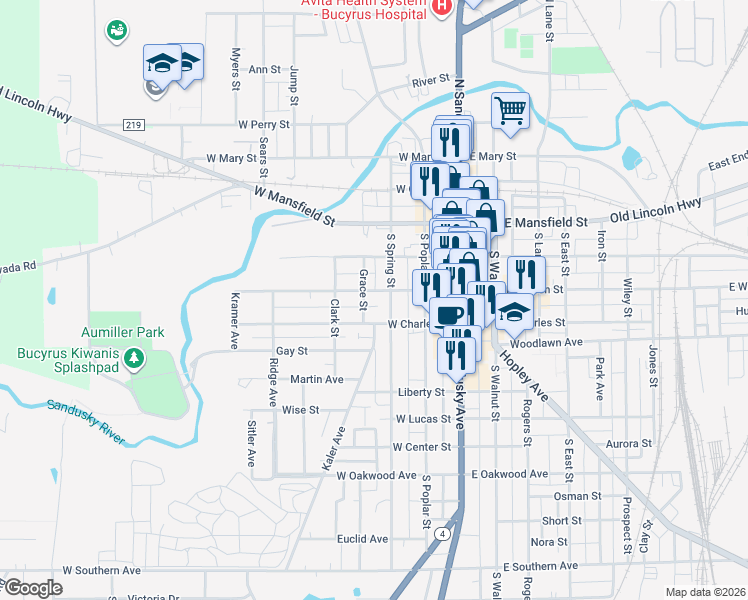 map of restaurants, bars, coffee shops, grocery stores, and more near 326 Grace Street in Bucyrus