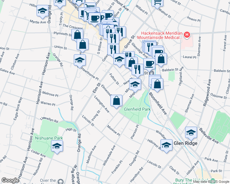 map of restaurants, bars, coffee shops, grocery stores, and more near 35 Elmwood Avenue in Montclair