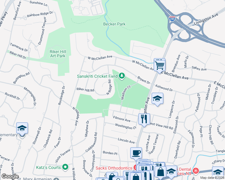 map of restaurants, bars, coffee shops, grocery stores, and more near 25 North Ridge Road in Livingston
