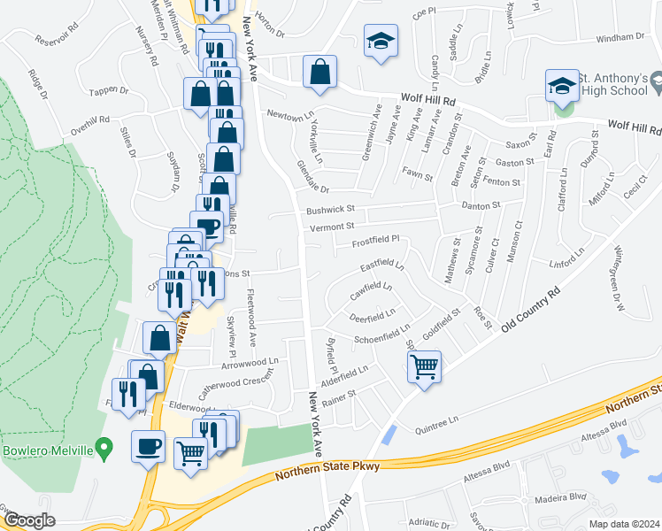 map of restaurants, bars, coffee shops, grocery stores, and more near 14 Wagner Court in Huntington Station