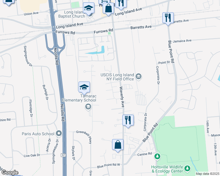 map of restaurants, bars, coffee shops, grocery stores, and more near 89 Storm Drive in Holtsville