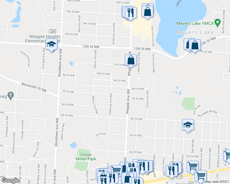 map of restaurants, bars, coffee shops, grocery stores, and more near 4451 7th Street Northwest in Canton