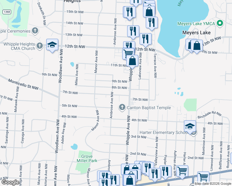 map of restaurants, bars, coffee shops, grocery stores, and more near 4451 7th Street Northwest in Canton
