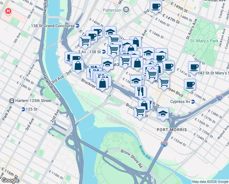map of restaurants, bars, coffee shops, grocery stores, and more near in The Bronx