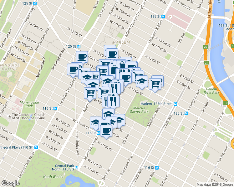 map of restaurants, bars, coffee shops, grocery stores, and more near 38 West 123rd Street in New York