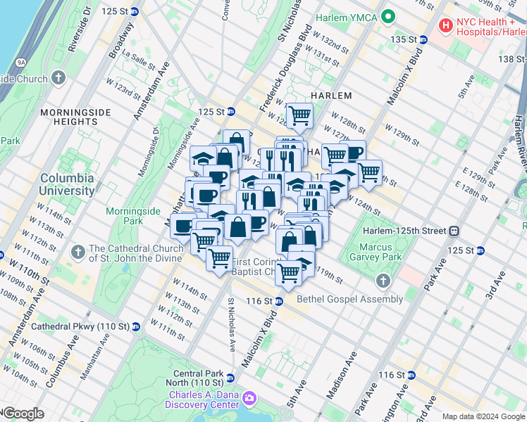 map of restaurants, bars, coffee shops, grocery stores, and more near in New York