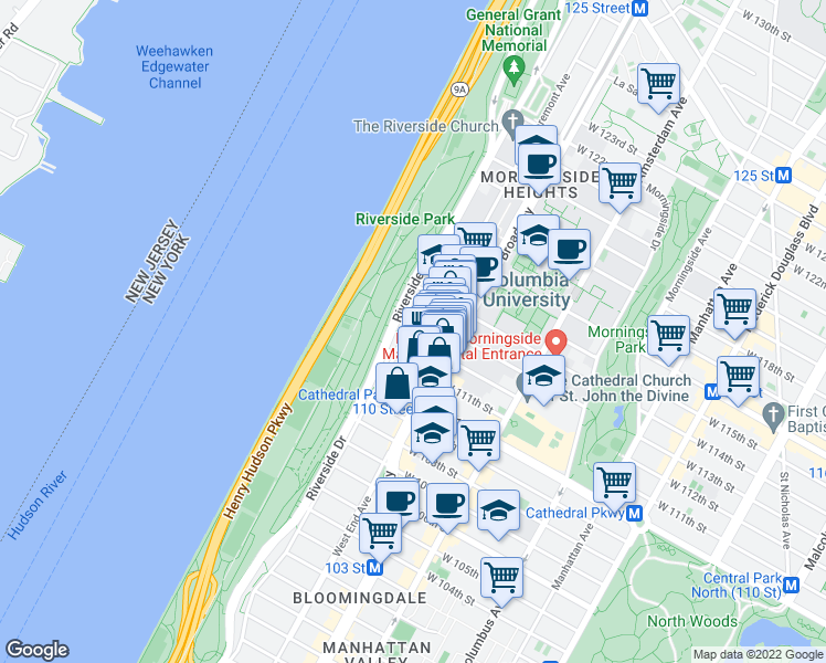 map of restaurants, bars, coffee shops, grocery stores, and more near 605 West 112th Street in New York