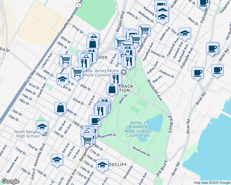 map of restaurants, bars, coffee shops, grocery stores, and more near 8531 Bergenline Avenue in North Bergen