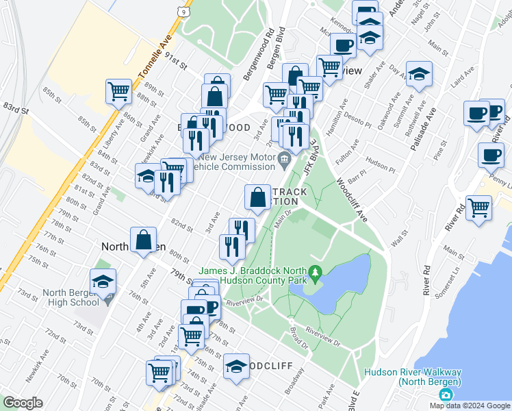 map of restaurants, bars, coffee shops, grocery stores, and more near 8531 Bergenline Avenue in North Bergen