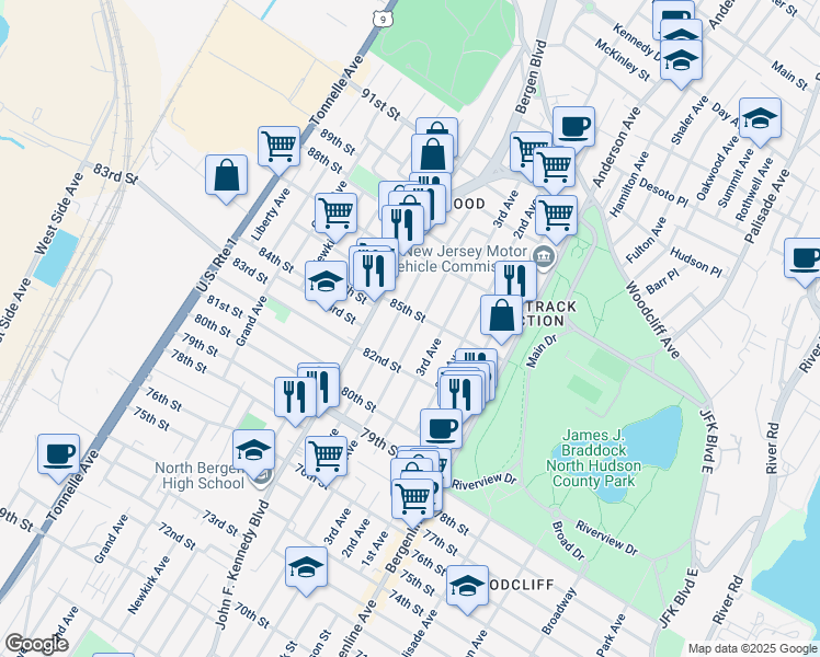 map of restaurants, bars, coffee shops, grocery stores, and more near 8304 5th Avenue in North Bergen