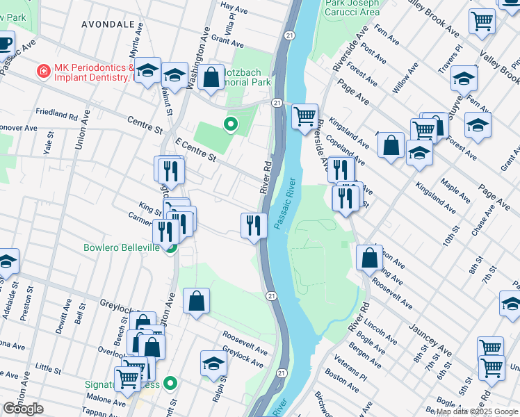 map of restaurants, bars, coffee shops, grocery stores, and more near 82 River Road in Nutley