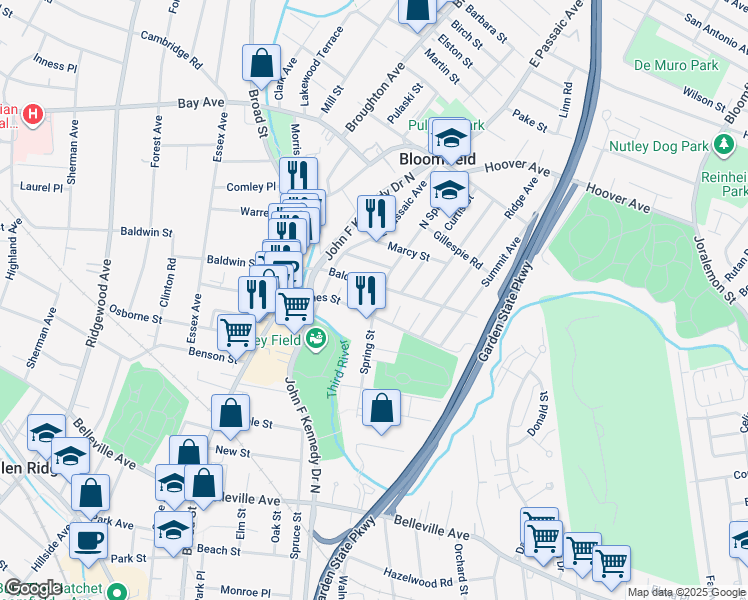 map of restaurants, bars, coffee shops, grocery stores, and more near 14 Spring Street in Bloomfield