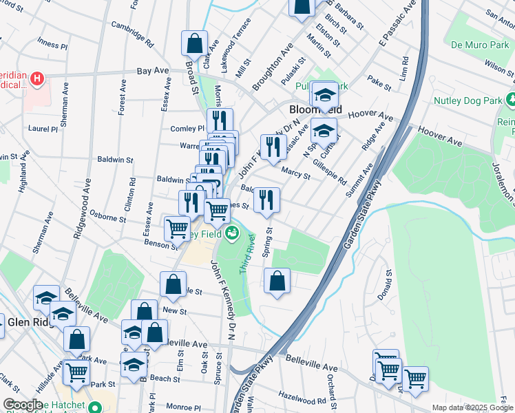map of restaurants, bars, coffee shops, grocery stores, and more near 62 James Street in Bloomfield